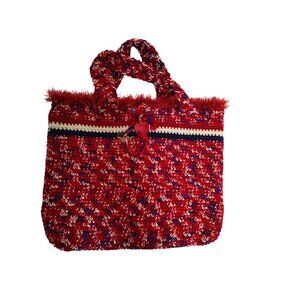 Handknitted Patriotic Tote Bag Red White Blue 4th of July Heart Flag Embellished